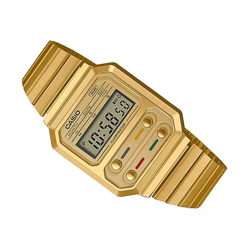 Casio Gold-tone Digital Grey Dial Watch- A100WEG-9A